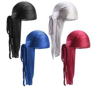 YuZhou 4PCS Silk Durags for Men, Breathable Silky Durag Cap with Long Tail Durag for Men and Women Silky Satin Durag Fashion Headbands Long Tail Hats for 360 Waves,Dreadlocks, Pirate Headwraps