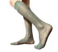 YUZIMEI Men Socks, Mens Nylon Sheer Suit Socks Business Dress Socks Elastic Wide Striped See Through Formal Dress Over the Calf Stockings - Green