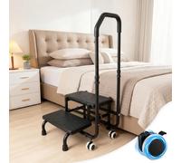 YUZINO 2 Tiers Bath Step with 2 Wheels, Step Stool For Adults Movable & Lockable, Heavy Duty Shower Step for Elderly, 5-Level Height Adjustment Holds Up To 300 Lbs for Bed, Kitchen, Bathtub