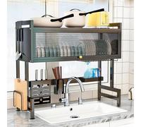 YUZINO Dish Drainer Rack, Large Capacity 3 Tier Over Sink Drainer Rack, Carbon Steel Draining Board Rack Dish Drainer with Utensil Holder and 6 Hooks for Kitchen Organization