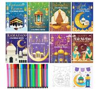 YVAINE 8 pcs Ramadan Kareem Coloring Books and 12pcs Paint Pens,Eid Mubarak Mini Coloring Books Ramadan Mubarak Party Supplies Goodie Bags Fillers Ramadan Classroom Activity