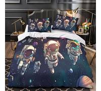 YVASPQRTW Astronauts floating 3D Printed Duvet Cover Set 3pcs Microfibre Anti-Fade Cartoon space adventure Duvet Insert Cover 2 Pillowcases Zip Closure Bedding Boys Bedroom Single (135x200cm)