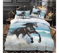 YVASPQRTW Black horse galloping 3D Pattern Duvet Cover Set 3pcs Microfibre Anti-Fade Beach sunset Duvet Insert Cover 2 Pillowcases Zip Closure Bedding Boys Bedroom King（220x240cm）