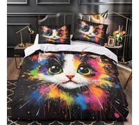 YVASPQRTW colorful cat face 3D Pattern Duvet Cover 3pc Premium Microfibre Easy Care Soft vibrant abstract Quilt Cover 2 Pillowcases Concealed Zipper Bedding Set Couples & Families Single（140x200cm）