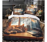 YVASPQRTW Cozy cat nap 3D Printing Comforter Cover 3pcs Microfibre Skin-Friendly Winter cabin scene Duvet Cover 2 Pillow Shams Zippered Closure Lightweight Family Guests Double（200x200cm）