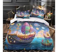 YVASPQRTW Fantasy ship 3D Pattern Quilt Cover 3pcs Microfibre Anti-Fade Breathable Light Colorful cosmic voyage Comforter Cover 2 Pillowcases Zip Closure Bed Set Teenagers & Adults Double（200x200cm）