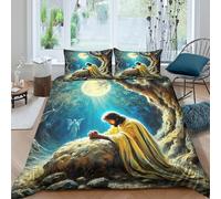 YVASPQRTW Jesus Praying Moonlight Rock 3D Effect Duvet Cover, Ultra Soft & Hidden Zipper Closure Nocturnal Faith Decor for Teen Bedding Airbnb Decor Contemporary Bedding Super King（260x220cm）