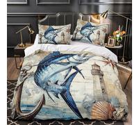 YVASPQRTW Marlin fish 3D Printing Quilt Cover 3pcs Microfibre Anti-Fade Breathable Light Nautical Comforter Cover 2 Pillowcases Zip Closure Bed Set Teenagers & Adults Double（200x200cm）