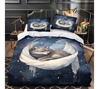 YVASPQRTW Sleeping wolf 3D Print Duvet Cover Set 3pcs Ultra-Soft Microfibre Skin-Friendly Fantasy Quilt Cover 2 Pillow Shams Zippered Closure Machine Washable Kids Teens Room Single (135x200cm)