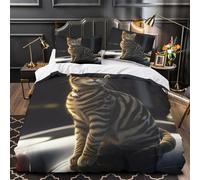 YVASPQRTW Striped cat sitting 3D Pattern Quilt Cover 3pcs Microfibre Anti-Fade Breathable Light Pet portrait Comforter Cover 2 Pillowcases Zip Closure Bed Set Teenagers Adults King（220x240cm）