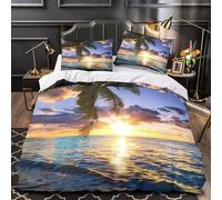 YVASPQRTW Tropical beach sunset 3D Print Duvet Cover 3-Piece Microfiber Breathable Hidden Ocean horizon scene Comforter Cover 2 Pillowcases Durable Home Decor Family Bedroom Double（200x200cm）