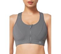 Yvette Zip Front Sports Bra - High Impact Sports Bras for Women Plus Size Workout Fitness Running, Grey, Large More