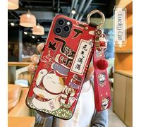 Compatible with iPhone 13 Pro Case with Phone Lanyard, 6.1 inch Cute Japanese Lucky Cat Design, Glitter Luxury Soft Silicone 3D Emboss Phone Case iPhone 13 Pro with Wrist Strap (iPhone 13 Pro, Red)