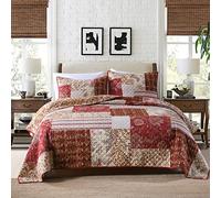 Yvooxny King Quilt Set Real Stitched Quilted Bedspread Lightweight Coverlet Set Bed Decor, Red Patchwork Floral Pattern, King Size