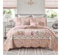 Yvooxny Quilts King Size Patchwork Pink Floral Quilt Set Vintage Shabby Chic Botanical Floral Quilted Bedspread 3-Piece Quilt Set with Ruffle for All Seasons, King Size, 106 * 98 Inches
