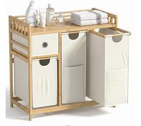 Yvsevnr Dirty Laundry Basket 3 Compartments Bamboo Wash Bin with Drawer, Shelf, Laundry Bag, Side Pockets, 2 x 42 L, 1 x 28 L, 1 x 15 L, 78 x 41 x 78 cm Freestanding Hamper Organizer for Laundry Room