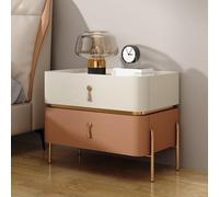 YVYKFZD Solid Wood Nightstand, PU Leather Bedside Table, Metal Legs End Table with 2 Drawers, Minimalist Side Tables, Side Cabinet for Bedroom Living Room Small Space(Off-white+orange,40cm/15.7")