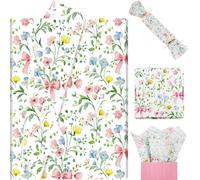 Ywdbzjhs 100 Sheets Flowers and Pink Bows Tissue Paper, 20 x 14 Inch Coquette Bow Wildflowers Floral Gift Wrapping Paper for Spring Botanical Birthday Wedding Baby Shower Supplies