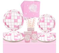 Ywediim 70s Pink Disco Party Supplies, Includes Plates, Napkins, Cups, Straws, Tablecloth, for Girls Ladies Women Baby Shower Wedding Birthday Party Decorations Serves 20