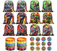 Ywediim Dirt Bike Party Favor Supplies, Including Motorcycle Theme Boy Motocross Bags Drawstring Goodie Treat Bags Wristbands Badge, for Motocross Theme Kids Birthday Party Gift