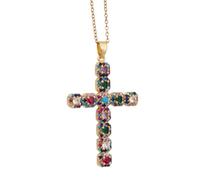 YWeiLiangSan Multicolor Gemstone Cross Necklace, 18K Gold Plated Rainbow Pendant with Adjustable Chain for Daily Faith (A,One Size)