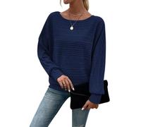 YWeiLiangSan Women's Batwing Sleeve Knit Top - Soft Ribbed Pullover Sweater with Boat Neck, Versatile Casual Tunic for Everyday (Navy Blue,M)