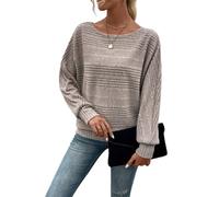 YWeiLiangSan Women's Batwing Sleeve Knit Top - Soft Ribbed Pullover Sweater with Boat Neck, Versatile Casual Tunic for Everyday (Gray,L)