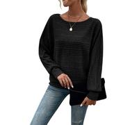 YWeiLiangSan Women's Batwing Sleeve Knit Top - Soft Ribbed Pullover Sweater with Boat Neck, Versatile Casual Tunic for Everyday (Black,S)