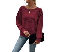 YWeiLiangSan Women's Batwing Sleeve Knit Top - Soft Ribbed Pullover Sweater with Boat Neck, Versatile Casual Tunic for Everyday (Wine Red,XXL)