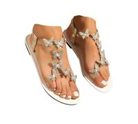 YWeiLiangSan Women's Clear Butterfly Ankle Strap Sandals, Women's Rhinestone Butterfly Decor Flat Sandals (White,4.5)