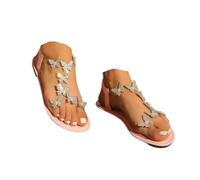 YWeiLiangSan Women's Clear Butterfly Ankle Strap Sandals, Women's Rhinestone Butterfly Decor Flat Sandals (Pink,6)