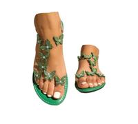 YWeiLiangSan Women's Clear Butterfly Ankle Strap Sandals, Women's Rhinestone Butterfly Decor Flat Sandals (Green,7)