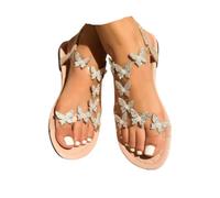 YWeiLiangSan Women's Clear Butterfly Ankle Strap Sandals, Women's Rhinestone Butterfly Decor Flat Sandals (Apricot,7)
