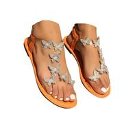 YWeiLiangSan Women's Clear Butterfly Ankle Strap Sandals, Women's Rhinestone Butterfly Decor Flat Sandals (Orange,5)