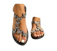 YWeiLiangSan Women's Clear Butterfly Ankle Strap Sandals, Women's Rhinestone Butterfly Decor Flat Sandals (Black,5)