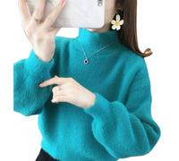 YWeiLiangSan Women's Imitation Mink Sweater, Autumn and Winter Lazy Style Short Lantern Sleeve Bottoming Sweater (Blue,Large)