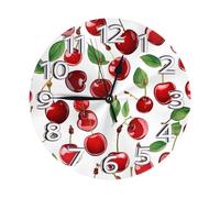 YWGGDSCX Red Cherries Clock Number Round Wall Clock Silent Non-Ticking Design, Environmentally Friendly & Customizable For Kitchen, Office, Classroom 10 Inch