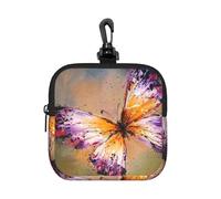YWGGDSCX Small Square Zipper Storage Bag 10.5cm - Waterproof Neoprene Pouch with Carabiner, Embroidery Colorful Butterfly Full Print - for Earbuds, Coins, Keys, USB, Charger - Travel Gym Essential