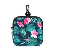 YWGGDSCX Small Square Zipper Storage Bag 10.5cm - Waterproof Neoprene Pouch with Carabiner, Hawaii Pink Flower Full Print - for Earbuds, Coins, Keys, USB, Charger - Travel Gym Essential
