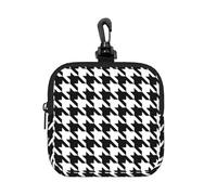 YWGGDSCX Small Square Zipper Storage Bag 10.5cm - Waterproof Neoprene Pouch with Carabiner, Houndstooth Black Full Print - for Earbuds, Coins, Keys, USB, Charger - Travel Gym Essential