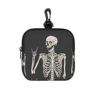 YWGGDSCX Small Square Zipper Storage Bag 10.5cm - Waterproof Neoprene Pouch with Carabiner, Skull Rock Roll Skeleton Bone Full Print - for Earbuds, Coins, Keys, USB, Charger - Travel Gym Essential