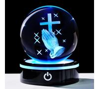 YWHL 3.14In 3D Crystal Cross Ball Figurine with Colorful Light Base, Laser Engrave Praying Hands Religious Gifts for Women, Christian Gifts for Friends, Crystal Cross Decor