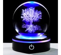 YWHL 3D Crystal Tree of Life Figurines Ball with Colorful Light Base, Laser Engraved Tree of Life Sphere Gifts for Women Men on Birthday, Glass Art Collection for Home Decor(80mm)