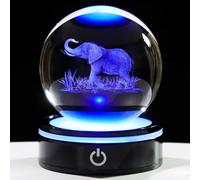 YWHL 3D Elephant Figurine Crystal Ball with Colorful Light Base, Elephant Gift for Women and Men on Christmas or Birthday, 3D Laser Engraved Full Sphere Glass Decorative Ball for Home or Office (80mm)