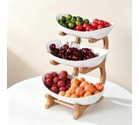 YWHWXB 3 Tiered Fruit Bowl, Fruits Holder, Plastic Fruit Basket, Bamboo Food Serving Tray(White-3 Layer)