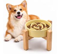 YWIY Elevated Ceramic Slow Feeder Dog Bowl with Stand 8.26in for Small&Medium Pet Raised Slow Feeder Dog Bowls Heavy Weighted Non-Toxic Non-Slip (Light Yellow, for Small&Medium Size)