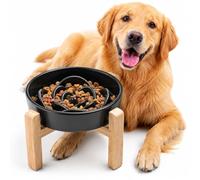 YWIY Elevated Ceramic Slow Feeder Dog Bowl with Stand 8.66in for Medium &Large Pet Raised Slow Feeder Dog Bowls Heavy Weighted Non-Toxic Non-Slip (Black, for Medium&Large Size)