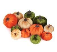 Ywlake 12 Pcs Artificial Pumpkins Assorted Sizes Fake Fabric Harvest Pumpkin Set Orange Green Khaki Foam Pumpkin for Fall Autumn Thanksgiving Halloween Decoration