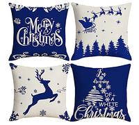 Ywlake 50x50cm Merry Christmas Cushion Covers, Decorative Outdoor Indoor Snow Christmas Tree Blue White Pillow Covers Shams Cases Cushion Covers Set of 4 for Couch Sofa