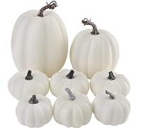 Ywlake Package of 8 Pcs Big Assorted Sizes Autumn Harvest White Artificial Pumpkins for Fall Halloween Thanksgiving Decorating Embellishing and Displaying